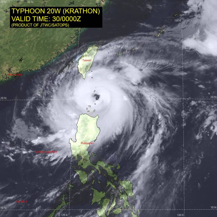 SATELLITE ANALYSIS, INITIAL POSITION AND INTENSITY DISCUSSION: ANIMATED MULTISPECTRAL SATELLITE IMAGERY (MSI) DEPICTS A CONSOLIDATED  AND WELL-ORGANIZED TYPHOON 20W (KRATHON) WITH A 20-NM DIAMETER EYE  THAT HAS SHRUNK BY 2 NM AND WARMED FROM 12 TO 17 DEGREES CELSIUS, DUE  TO COMPRESSIONAL WARMING OF THE SUBSIDING AIR, INDICATING STEADY  INTENSIFICATION. THE MSI LOOP ALSO SHOWS CONTINUED STRONG RADIAL  OUTFLOW WITH ASSOCIATED SPIRAL BANDS OF DEEP CONVECTION BECOMING MORE  COMPACT. THE INITIAL POSITION IS PLACED WITH HIGH CONFIDENCE BASED ON  BASED ON THE WELL-DEFINED EYE IN THE MSI LOOP THAT LINED UP WELL WITH   A MICROWAVE EYE IN THE 292138Z F17 SSMIS IMAGE SUITE. THE INITIAL  INTENSITY OF 115 KTS IS ASSESSED WITH HIGH CONFIDENCE BASED ON  CLOSELY-VALUED AGENCY AND AUTOMATED DVORAK FIXES, AS LISTED BELOW.