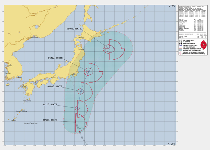 FORECAST REASONING.   SIGNIFICANT FORECAST CHANGES: THERE ARE NO SIGNIFICANT CHANGES TO THE FORECAST FROM THE PREVIOUS WARNING.   FORECAST DISCUSSION: TS 19W (JEBI) IS FORECAST TO BEGIN A  NORTHEASTWARD TRACK AND ROUND THE AXIS OF THE STEERING STR. THE  ENVIRONMENT REMAINS MARGINALLY FAVORABLE WITH WARM SSTS AND LOW  VERTICAL WIND SHEAR, FUELING GRADUAL INTENSIFICATION TO A PEAK 60 KTS  BY TAU 36. AFTERWARD, IT WILL BEGIN EXTRATROPICAL TRANSITION (ETT)  WHICH IS EXPECTED TO CONCLUDE AT THE END OF THE FORECAST PERIOD - BY  TAU 48.