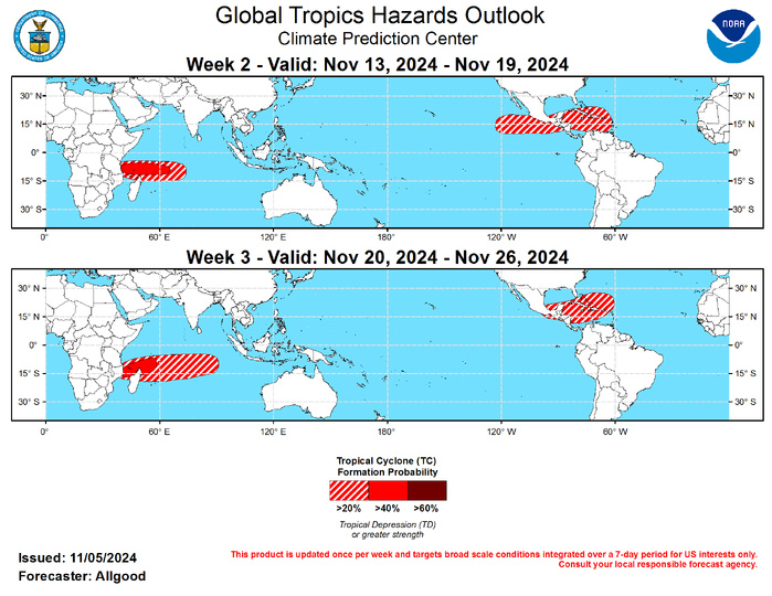 GTH Outlook Discussion Last Updated - 11/05/24 Valid - 11/13/24 - 11/26/24 ﻿Recent observations and both the RMM based and CPC velocity potential based MJO indices indicate that a robust MJO event continues into early November, with the enhanced convective phase crossing the Western Hemisphere. This intraseasonal signal is currently the dominant mode of tropical variability, despite destructive interference with the low frequency base state favoring suppressed convection over the equatorial central Pacific. As the MJO enhanced convective envelope crossed the Pacific at the end of October and the beginning of November, the trade wind regime weakened, easterly anomalies developed aloft, and a Pacific jet extension developed over the northeastern Pacific and portions of North America. There is uncertainty whether this enhanced MJO event will have a substantial impact on the oceanic thermocline of the Pacific. While a strong westerly wind burst was initiated over the Pacific, the strongest westerlies were located well north of the Equator, which reduces the impact. Still, it is possible that this recent activity may result in the initiation of a downwelling oceanic Kelvin wave, and there are some indications of an eastward expansion of the above-average West Pacific warm pool.  Dynamical model MJO index forecasts are in good agreement supporting continued MJO activity during the outlook period, with the GEFS favoring a slower and more amplified evolution, and the ECMWF favoring a faster propagation of an overall weaker signal. Given the highly organized structure of the ongoing MJO event, there is fairly high confidence that the MJO will continue to play a large to dominant role in the global tropical convective pattern, with the enhanced convective phase continuing to cross the Western Hemisphere during Week-1, and the Indian Ocean and possibly the Maritime Continent during Weeks 2 and 3. Therefore, enhanced low-level westerlies over the eastern Pacific and Caribbean during the outlook period may yield a favorable environment for late season tropical cyclone development. As the suppressed envelope of the MJO crosses the Pacific during the outlook period, a trade wind surge is favored, which may help to strengthen the low frequency base state as the Boreal winter season approaches. Given the extent of warm water across the western Pacific, however, MJO activity may persist beyond the outlook period.  Four tropical cyclones (TCs) formed during the past week. On November 2, Tropical Storm Lane developed over the East Pacific far southwest of the Baja California peninsula. The system dissipated shortly thereafter. Tropical Storm Patty also formed on November 2 over the central Atlantic near 40N. On November 3, Typhoon Yinxing formed east of the Philippines. This system continues to intensify, and forecasts from the Joint Typhoon Warning Center bring the center of circulation near or north of the island of Luzon during the next several days before emerging over the South China Sea. On November 4, Tropical Storm Rafael developed over the central Caribbean Sea. Forecasts from the National Hurricane Center indicate strengthening to hurricane intensity, with the TC bringing impacts to Jamaica and Cuba before emerging over the Gulf of Mexico, where increased shear may begin to weaken the system. Interests along the US Gulf Coast should continue to monitor forecasts from the NHC and their local NWS forecast offices. During the Week-2 period, continued low-level westerly anomalies across the eastern Pacific and Caribbean will provide a favorable environment for late season tropical cyclone development. Dynamical model forecasts do not consistently indicate any specific regions for development, but forecasts show potential closed lows forming from a broad cyclonic gyre over the western or central Caribbean as well as the western Atlantic in the vicinity of the Turks and Caicos islands. The MJO evolution also favors tropical cyclone development over the southwestern Indian Ocean, particularly in the region near or north of Madagascar. During Week-3, similar regions remain favored, though the potential for East Pacific development declines considerably as the MJO suppressed phase crosses the Pacific.