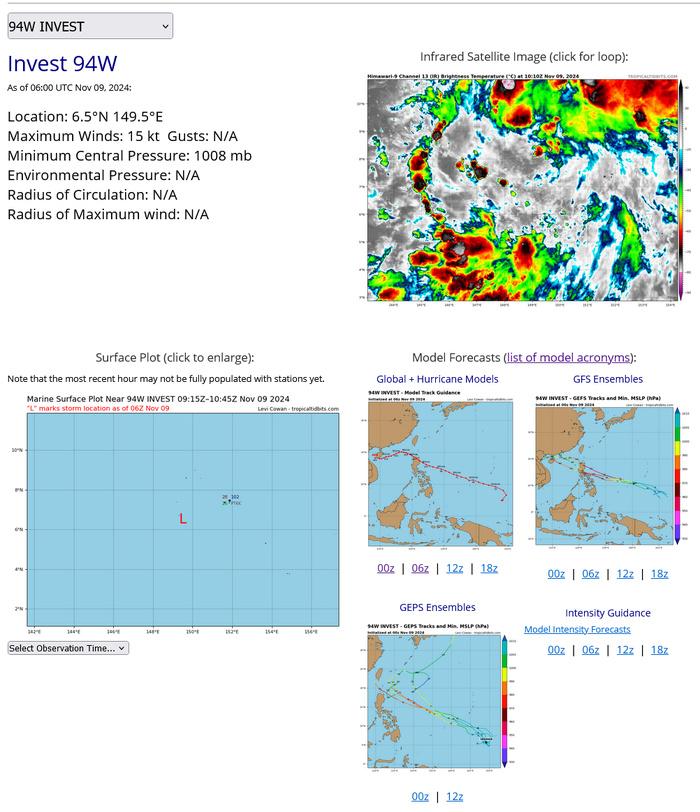 THE AREA OF CONVECTION (INVEST 94W) PREVIOUSLY LOCATED NEAR  6.0N 151.6E IS NOW LOCATED NEAR 6.5N 149.5E, APPROXIMATELY 153 NM  WEST-SOUTHWEST OF CHUUK. ANIMATED MULTISPECTRAL SATELLITE IMAGERY  (MSI) DEPICTS A VERY BROAD AREA OF FLARING, DISORGANIZED DEEP  CONVECTION. A PARTIAL 082354Z ASCAT METOP-B PASS SHOWS A BROAD  CIRCULATION WITH WIND SPEEDS OF 15-20 KNOTS ON THE WEST SIDE OF THE  SEMI-CIRCLE. ENVIRONMENTAL ANALYSIS REVEALS A FAVORABLE ENVIRONMENT  FOR FURTHER DEVELOPMENT WITH LOW VERTICAL WIND SHEAR OF 5-10 KTS,  GOOD UPPER-LEVEL POLEWARD AND EQUATORWARD OUTFLOW, AND WARM SEA  SURFACE TEMPERATURES OF 29-30C. SURFACE OBSERVATIONS FROM CHUUK  (PTKK) INDICATE EASTERLY TO EAST-SOUTHEASTERLY SUSTAINED WINDS OF 5- 10 KNOTS AND SLP NEAR 1008.9MB. GLOBAL MODELS ARE IN GOOD AGREEMENT  THAT 94W WILL SLOWLY CONSOLIDATE AS IT TRACKS WEST-NORTHWESTWARD OVER  THE NEXT 24-48 HOURS. MAXIMUM SUSTAINED SURFACE WINDS ARE ESTIMATED  AT 13 TO 18 KNOTS. MINIMUM SEA LEVEL PRESSURE IS ESTIMATED TO BE NEAR  1008 MB. THE POTENTIAL FOR THE DEVELOPMENT OF A SIGNIFICANT TROPICAL  CYCLONE WITHIN THE NEXT 24 HOURS REMAINS LOW.