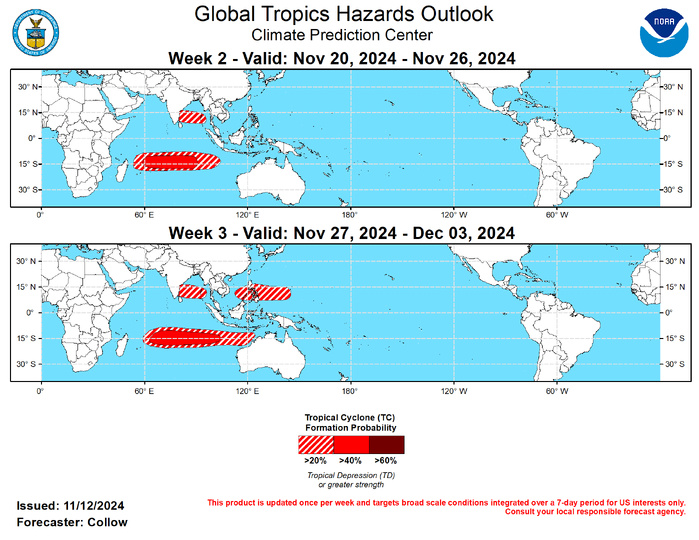 GTH Outlook Discussion Last Updated - 11/12/24 Valid - 11/20/24 - 12/03/24 ﻿The Madden Julian Oscillation (MJO) has been active during the past month, completing a full circumnavigation of the globe. Associated with the MJO is a pronounced wave-1 asymmetry pattern in the spatial upper-level velocity potential field with a clear eastward propagation during the past several weeks. Currently, the enhanced convective envelope stretches from the eastern Americas to Africa, with the suppressed phase beginning to move into the Western Hemisphere. The ECENS, CFS, and GEFS models indicate a relatively slower eastward propagation of the MJO compared to the past month, with the intraseasonal signal forecast to move across the Indian Ocean and Maritime Continent, and the GEFS depicting a faster propagation into the Western Pacific during early December. An MJO associated resurgence of enhanced low-level westerlies may develop across the Maritime Continent later in November but its eastward propagation is uncertain due to a predicted trade wind surge across the tropical Pacific which may destructively interfere with the incoming westerlies.  The Western North Pacific has been active with three TC formations during the past week. Tropical Storm Man-Yi and Typhoon Toraji both developed on 11/9, with Tropical Storm Usagi forming on 11/11. According to the Joint Typhoon Warning Center (JTWC), Toraji is forecast to dissipate over the South China Sea. Man-Yi and Usagi are predicted to gradually strengthen and take similar tracks toward the northern Philippines and possibly Taiwan, with Usagi located to the west of Man-Yi. Following this burst of activity, TC formation chances are favored to diminish across the basin. However, a favorable convective environment aloft is forecast to return by week-3 as the main convective envelope moves closer to or over the Western Pacific. Therefore, a 20-40 percent chance of TC development is posted for week-3 stretching from the South China Sea eastward to the Mariana Islands.  The MJO slowly moving over the Indian Ocean is forecast to lead to an uptick in TC activity. The JTWC is monitoring 95S over the Southern Indian Ocean for potential development during the next week. Conditions are forecast to remain conducive for additional TC development over this region into weeks 2 and 3, with 40-60 percent chances posted for both periods. By week-3, TC formation probabilities in the ECMWF increase toward Australia supporting an extension of the 20-40 percent probabilities to near the Kimberley Coast, although these higher chances may be delayed into week-4. TC formation is also possible across the Bay of Bengal, although models are borderline in terms of timing with TC formation being depicted in both periods. Therefore, only 20-40 percent chances are highlighted for both week-2 and week-3 despite some stronger signals in the guidance.  The National Hurricane Center (NHC) indicates a 90 percent chance of TC formation across the Caribbean during the next 7-days. Given that this system is most likely to develop by the start of week-2, no related TC formation probabilities are highlighted over the region in this outlook. However, interests in the western Caribbean and Florida are advised to monitor updates from NHC regarding this system and any potential impacts.