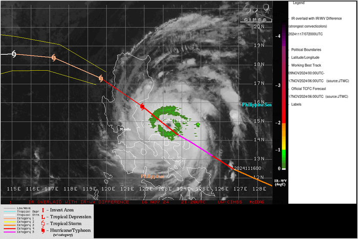 SATELLITE ANALYSIS, INITIAL POSITION AND INTENSITY DISCUSSION: ANIMATED MULTISPECTRAL SATELLITE IMAGERY (MSI) SHOWS THAT 25W, AFTER HAVING PASSED OVER CATANDUANES ISLAND ABOUT 18 HOURS AGO, HAS BEEN ABLE TO STEADILY REORGANIZE AND INTENSIFY AND HAS REGAINED SUPER TYPHOON STATUS AS IT APPROACHES A SECOND LANDFALL. CIMSS ADT HISTORY INDICATES A STEADILY WARMING EYE, NOW SITTING AT ALMOST 16C AND COOLING CLOUD TOPS, WHICH HAVE DRIVEN UP BOTH THE SUBJECTIVE AND OBJECTIVE INTENSITY ESTIMATES OVER THE PAST SIX HOURS. ANIMATED MSI SHOWED A 15NM EYE AT ANALYSIS TIME, WHICH WAS LOCATED ABOUT 17NM OFFSHORE OF BORLONGAN BEACH. SUBSEQUENT IMAGERY SHOWS THE OUTER EYEWALL PUSHING ASHORE BY 0630Z, WITH THE EYE RAPIDLY SHRINKING AS THE SYSTEM MOVES INLAND. A PAIR OF HIGH-RESOLUTION MICROWAVE PASSES, FROM AMSR2 AND GMI AT 0445Z AND 0449Z RESPECTIVELY SHOWED A STADIUM EYE AND A SECONDARY EYEWALL, INDICATING THE SYSTEM WAS IN THE PROCESS OF AN EYEWALL REPLACEMENT CYCLE (EWRC). HOWEVER, THE EWRC WAS NOT ABLE TO FINISH AND HAD LITTLE IF ANY IMPACT ON THE INTENSIFICATION OF THE SYSTEM. THE INITIAL POSITION IS ASSESSED WITH HIGH CONFIDENCE BASED ON THE EYE FEATURE IN THE MSI AS WELL AS RADAR DATA FROM PAGASA. THE INITIAL INTENSITY IS ASSESSED WITH HIGH CONFIDENCE, ON THE HIGHER END OF THE AVAILABLE INTENSITY ESTIMATES NOTED ABOVE. WHILE THE ENVIRONMENT ITSELF IS FAVORABLE IN TERMS OF GOOD OUTFLOW ALOFT AND LOW SHEAR, WITH THE SYSTEM MOVING OVER LAND IT WILL QUICKLY BE TORN APART BY THE RUGGED TERRAIN FEATURES.