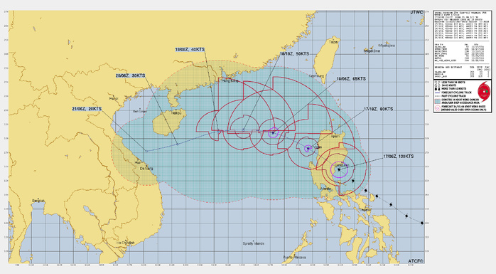 FORECAST REASONING.  SIGNIFICANT FORECAST CHANGES: THERE ARE NO SIGNIFICANT CHANGES TO THE FORECAST FROM THE PREVIOUS WARNING.  FORECAST DISCUSSION: STY 25W IS IN THE PROCESS OF MAKING ITS SECOND LANDFALL NOW, NEAR BORLONGAN BEACH, JUST NORTHEAST OF DIPACULAO, PHILIPPINES. THE SYSTEM IS EXPECTED TO RAPIDLY CROSS NORTH-CENTRAL LUZON OVER THE NEXT 12 HOURS AND REEMERGE INTO THE SOUTH CHINA SEA TO THE SOUTHWEST OF VIGAN. THE SYSTEM WILL THEN CONTINUE TRACKING RATHER QUICKLY OFF TO THE NORTHWEST THROUGH TAU 12, ALONG THE WESTERN SIDE OF THE STEERING RIDGE. THE STR CURRENTLY NEAR 20N 140E WILL PUSH WESTWARD AND BUILD OVER TAIWAN, PUTTING STY 25W ON THE SOUTHERN SIDE OF THE STEERING GRADIENT. IN RESPONSE, 25W WILL TURN WESTWARD AFTER TAU 24, AND CONTINUE TRACKING IN A GENERAL WESTWARD DIRECTION THROUGH ABOUT TAU 48. IN TERMS OF INTENSITY, THE SYSTEM HAS REACHED ITS SECOND PEAK AND NOW HAVING MADE LANDFALL, WILL RAPIDLY WEAKEN DUE TO TERRAIN INTERACTION. THE SYSTEM IS EXPECTED TO BE A FAIRLY STRONG TYPHOON AS IT MOVES BACK OVER WATER IN ABOUT 12 HOURS, WITH AN INTENSITY IN THE NEIGHBORHOOD OF 80 KNOTS. HOWEVER, THE WEAKENED VORTEX WILL BE MORE SUSCEPTIBLE TO SHEAR AND DRY AIR AND WILL BEGIN TO WEAKEN IMMEDIATELY AS DRY MID-LEVEL AIR STARTS TO PUSH IN FROM THE WEST. BY TAU 36, SOUTHWESTERLY SHEAR PICKS UP TO 30 KNOTS OR GREATER, AND THE VORTEX WILL BE DECAPITATED AND SMOTHERED BY DRY AIR, MARKING THE ONSET OF RAPID WEAKENING. AS THIS PROCESS OCCURS, THE SYSTEM TURNS TOWARDS THE SOUTHWEST, MOVING ALONG THE GENERAL LOW-LEVEL FLOW FROM THE NORTHEAST. THE SYSTEM WILL FULLY DISSIPATE BY TAU 96 OFF THE EASTERN COAST OF VIETNAM.