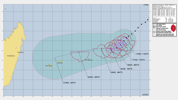 FORECAST REASONING.  SIGNIFICANT FORECAST CHANGES: THERE ARE NO SIGNIFICANT CHANGES TO THE FORECAST FROM THE PREVIOUS WARNING.  FORECAST DISCUSSION: TC 02S WILL CONTINUE TO TRACK SOUTHWESTWARD FOR THE NEXT 12 TO 24 HOURS, ALONG THE WESTERN SIDE OF THE STEERING RIDGE TO THE EAST. HOWEVER, TRACK SPEEDS ARE EXPECTED TO SLOW DOWN AS A WEAKNESS IN THE STEERING RIDGE DEVELOPS TO THE SOUTH AND THE  SYSTEM MOVES INTO A RELATIVELY WEAK STEERING PATTERN. THE PASSING  TROUGH IS NOT EXPECTED TO BE STRONG ENOUGH TO INDUCE TC 02S TO TRACK  POLEWARD AND THE PASSAGE OF A SUCCESSION OF TRANSIENT DEEP-LAYER  ANTICYCLONES TO THE SOUTH WILL STEER TC 02S ONTO A MORE WESTWARD TRACK  AFTER TAU 24. AFTER TAU 48, THE SYSTEM WILL ACCELERATE TOWARDS THE  WEST-SOUTHWEST ALONG THE NORTHWEST SIDE OF A BUILDING STR THAT DEVELOPS  SOUTHEAST OF MAURITIUS. IN TERMS OF INTENSITY, THE SYSTEM HAS LIKELY  PEAKED IN INTENSITY, BUT A SLIGHT AMOUNT OF FURTHER INTENSIFICATION  CANNOT BE RULED OUT AS CONDITIONS ARE EXPECTED TO REMAIN FAVORABLE FOR  ABOUT ANOTHER 12 HOURS. AFTER TAU 12, THE SYSTEM IS EXPECTED TO MOVE  INTO A REGION OF COOLER SSTS, AND SOUTHWESTERLY SHEAR IS FORECAST TO INCREASE, LEADING TO A GENERAL WEAKENING PHASE. AFTER TAU 36, THE SYSTEM WILL BE DECAPITATED BY VERY STRONG WESTERLY SHEAR, WHICH WILL ALSO USHER IN A WEDGE OF EXTREMELY DRY MID-LEVEL AIR OVER TOP OF THE SYSTEM, AND THE SYSTEM WILL RAPIDLY WEAKEN UP TO TAU 48. THEREAFTER THE REMNANT LOW-LEVEL VORTEX WILL SLOWLY DISSIPATE AS IT TRACKS WEST-SOUTHWESTWARD ALONG THE NORTHERN SIDE OF THE STRONG LOW- TO MID-LEVEL ANTICYCLONE TO THE SOUTH.