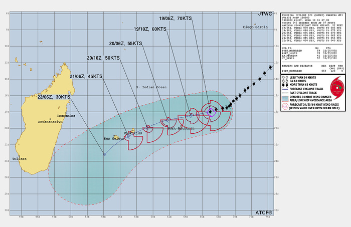 FORECAST REASONING.  SIGNIFICANT FORECAST CHANGES: THERE ARE NO SIGNIFICANT CHANGES TO THE FORECAST FROM THE PREVIOUS WARNING.  FORECAST DISCUSSION: TC 02S WILL TRACK WEST-SOUTHWESTWARD UNDER THE STR TO THE SOUTH UP TO TAU 48, THEN SOUTHWESTWARD AS IT BEGINS TO ROUND THE WESTERN RIM OF THE STR. THE ENVIRONMENT WILL BECOME UNSTABLE DUE TO INCREASING VWS AND COOL (25-26C) SST, OFFSET ONLY BY THE STRONG POLEWARD OUTFLOW, LEADING TO A GRADUAL WEAKENING AND EVENTUAL DISSIPATION BY TAU 72 AFTER IT PASSES LA REUNION.