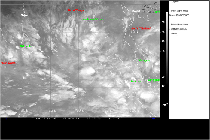 THE AREA OF CONVECTION (INVEST 99B) PREVIOUSLY LOCATED NEAR  4.4N 92.3E IS NOW LOCATED NEAR 4.5N 91.5E, APPROXIMATELY 430 NM SOUTH OF  PORT BLAIR. ANIMATED ENHANCED INFRARED SATELLITE IMAGERY (EIR) AND A  222155Z SSMIS F18 91H MICROWAVE IMAGE DEPICT A POORLY-ORGANIZED, YET  CONSOLIDATING LLCC WITH FLARING CONVECTION. THE CIRCULATION IS BEING  DRIVEN BY A VIGOROUS WEST WIND BURST ASSOCIATED WITH THE PHASE II MADDEN  JULIAN OSCILLATION, WHICH IS EXPECTED TO PAUSE AND AMPLIFY OVER THE FAR  WESTERN INDIAN OCEAN FOR THE NEXT FEW DAYS. ANIMATED TOTAL PRECIPITABLE  WATER LOOPS SHOW BROAD CYCLONIC ROTATION DEEPENING OFF THE NORTHWEST  COAST OF SUMATRA. ENVIRONMENTAL ANALYSIS REVEALS A FAVORABLE ENVIRONMENT  FOR FURTHER DEVELOPMENT WITH LOW TO MODERATE VERTICAL WIND SHEAR OF 15-20  KTS, GOOD UPPER-LEVEL POLEWARD OUTFLOW AND WARM SEA SURFACE TEMPERATURES  OF 29-30 C. GLOBAL DETERMINISTIC MODELS ARE IN GOOD AGREEMENT THAT 99B  WILL CONTINUE TO CONSOLIDATE AND DEEPEN AS IT TRACKS WEST-NORTHWEST.  MAXIMUM SUSTAINED SURFACE WINDS ARE ESTIMATED AT 13 TO 18 KNOTS. MINIMUM  SEA LEVEL PRESSURE IS ESTIMATED TO BE NEAR 1006 MB. THE POTENTIAL FOR THE  DEVELOPMENT OF A SIGNIFICANT TROPICAL CYCLONE WITHIN THE NEXT 24 HOURS  REMAINS LOW.