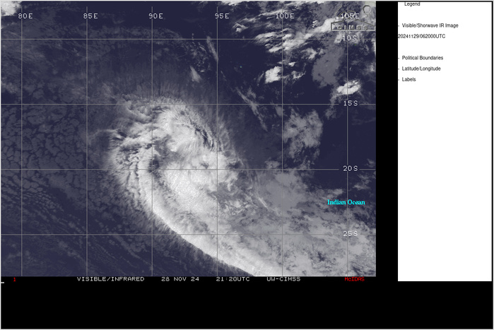 SATELLITE ANALYSIS, INITIAL POSITION AND INTENSITY DISCUSSION: TROPICAL CYCLONE 03S PEAKED AT 55 KNOTS NEAR 281500Z AS EVIDENCED BY  A 281516Z ASCAT-C UHR IMAGE SHOWING 50-55 KNOTS OVER THE NORTHERN  SEMICIRCLE. OVER THE PAST SIX HOURS, ANIMATED ENHANCED INFRARED (EIR)  SATELLITE IMAGERY REVEALS RAPID WEAKENING DUE TO STRONG VERTICAL WIND  SHEAR AND SIGNIFICANT MID-LEVEL DRY AIR ENTRAINMENT. A 282352Z WSF-M  89GHZ COLOR COMPOSITE MICROWAVE IMAGE SHOWS ISOLATED DEEP CONVECTION  SHEARED 160NM SOUTHEAST OF THE CENTER, WITH SHALLOW BANDING WRAPPING  TIGHTLY INTO A DEFINED LOW-LEVEL CIRCULATION CENTER. THE INITIAL  POSITION IS PLACED WITH MEDIUM CONFIDENCE BASED ON THE WSF-M IMAGE.  THE INITIAL INTENSITY OF 50 KTS IS ASSESSED WITH MEDIUM CONFIDENCE  BASED ON A BLEND OF DVORAK FINAL-T ESTIMATES RANGING FROM T2.0-2.5  (30-35 KNOTS) AND THE MORE CONSERVATIVE CURRENT INTENSITY ESTIMATES  OF 3.5 (SEE BELOW).