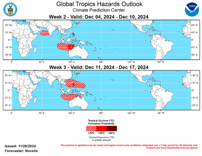 GTH Outlook Discussion Last Updated - 11/26/24 Valid - 12/04/24 - 12/17/24 ﻿Since becoming briefly disorganized over the Western Hemisphere earlier this month, both RMM and upper-level velocity potential anomaly observations show the MJO regaining amplitude with the enhanced phase propagating eastward over the Indian Ocean during the past week. Notably, the strengthening of the suppressed MJO envelope over the Pacific not only led to a break in Tropical Cyclone (TC) activity in the western Pacific basin, but also contributed to a broadening of anomalous lower-level easterlies along the equator (approximately from 120E to 120W), where an enhanced trade regime may help to enliven a La Nina base state later this year and into 2025.  Looking ahead, there is good agreement in the dynamical models favoring continued eastward propagation of the MJO into and across the Maritime Continent, but there are some discrepancies in the guidance in regards to the evolution and coherence of subseasonal activity as the enhanced phase nears the Western Pacific later in December. Upper-level velocity potential anomaly forecasts depict the pattern becoming more disorganized by early December, with a low frequency response taking shape over the Maritime Continent. Similarly, lower-level zonal wind forecasts feature more persistent anomalies, suggestive of the Maritime Continent Barrier effect. However, a more progressive westerly phase of the MJO favored aloft in the models may advect less diffluent background flow, and help maintain the passage of the MJO into the Western Pacific. This realization is supported in the RMM forecasts with more ensemble members in recent runs crossing the Western Pacific, with the GEFS depicting several robust members in RMM space. The thinking is that this is likely significant, as the GEFS has been prone to stalling the MJO over the Maritime Continent based on a recent verification study. Although the amplitude of the MJO remains somewhat a question over time, the continuation of subseasonal activity expected over the Maritime Continent and into Western Pacific brings increased chances for TC development over the eastern Indian Ocean and parts of the Western Pacific during the next several weeks. It is also worth noting that while extratropical responses typically associated with Indian Ocean MJO events predominately favor warmer than normal temperatures for much of the central and eastern CONUS during boreal autumn, there are previous instances where a faster Rossby wave response from enhanced Indian Ocean convection shifting into the Maritime Continent resulted in more amplified ridging over the western U.S. and forced a downstream trough to induce anomalously colder temperatures over the eastern U.S, which is consistent with the model guidance over North America heading into early December.  No TCs formed during the past week. For week-1, models continue to agree on a Westerly Wind Burst (WWB) event in the equatorial Indian Ocean (near 90E) where twin TCs (99B and 96S) are favored to form on both sides of the equator according to the Joint Typhoon Warning Center (JTWC). For 99B that is likely to form within the next day or so, models show the disturbance slowly tracking northeastward towards eastern India, though some deterministic and ensemble solutions from the ECWMF favor the low crossing India and possibly redeveloping over the Arabian Sea by the start of week-2. While the GEFS keeps the mean low over the Bay of Bengal, 20% chances for TC formation are posted to the west of India to capture this potential. Tied to the active MJO, strongly anomalous lower-level westerlies are favored to protrude eastward into the Maritime Continent, supporting TC development over the Bay of Bengal, South China Sea and the southeastern Indian Ocean. Although probabilistic tools maintain genesis signals north of the equator, the shearing environment may be too unfavorable, and there are lesser signs for low development to support any corresponding TC shapes in the week-2 outlook. However, based on continued good support in the guidance south of the equator, 40% chances are issued for week-2 to the north of western Australia, with a broad area of 20% chances extending westward to approximately 95E. For week-3, an eastward propagating MJO from phase 5 into phase 6 historically supports TC development in western Pacific, north of Australia, with odds increasing into the South Pacific based on MJO composites for Nov-Jan. Despite a quieter climatology for TC activity in the western Pacific during December, extended range probabilistic tools show increased chances for development across the South China and Philippine Seas, as well as to the north of Australia where 20% chances are issued. Genesis signals are evident in the probabilistic tools over the South Pacific during week-3, however these signals appear too modest and varied in space to support a corresponding TC shape at this time.