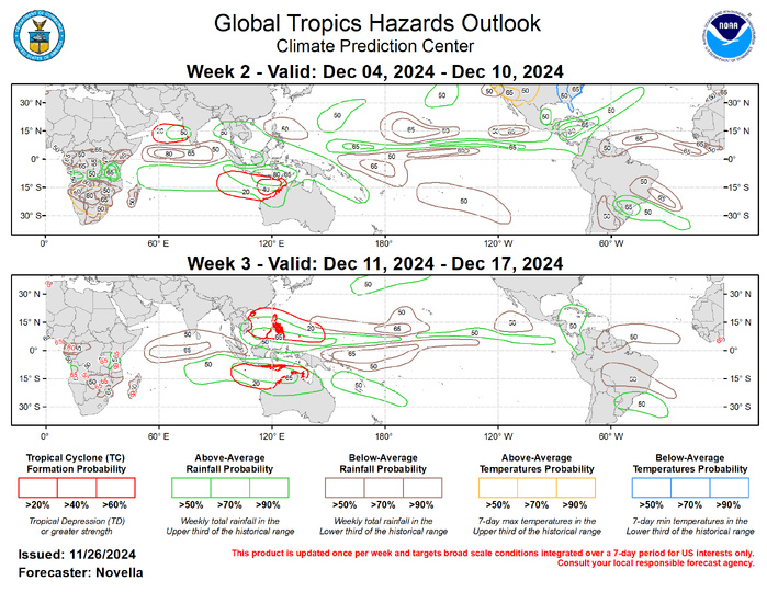 The precipitation outlook for weeks 2 and 3 is based on anticipated TC tracks, a developing La Nina base state, composites of Maritime Continent and Western Pacific MJO events, and informed by a historical skill weighted blend of GEFS, CFS, ECMWF, and Canadian precipitation guidance. For temperatures, uncalibrated and calibrated tools show increased chances for above-normal temperatures tied to early monsoon dryness over much of southern Africa. The aforementioned ridge/trough pattern favored over North America is expected to bring increased chances for above (below) normal temperature of much of the western (eastern) CONUS during week-2. For hazardous weather concerns in your area in the coming weeks, please refer to your local NWS office, the Medium Range Hazards Forecast from the Weather Prediction Center (WPC), and the CPC Week-2 Hazards Outlook. Forecasts made over Africa are made in coordination with the International Desk at CPC.