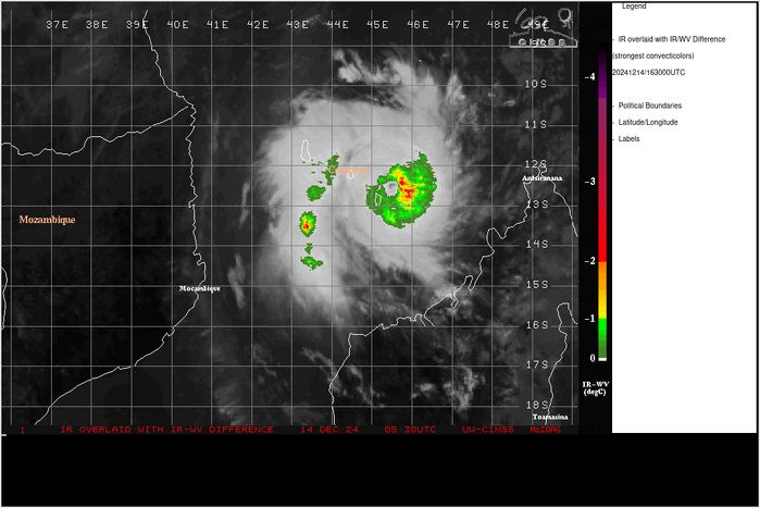 SATELLITE ANALYSIS, INITIAL POSITION AND INTENSITY DISCUSSION: ANIMATED MULTISPECTRAL SATELLITE IMAGERY (MSI) DEPICTS TROPICAL CYCLONE (TC) 04S (CHIDO) WITH AN IMPRESSIVE APPEARANCE FROM 0900Z TO 1100Z WITH A SYMMETRICAL EYE AND VERY COLD CLOUD TOPS COMPLETELY SURROUNDING THE EYEWALL. THE APPEARANCE AS OF 1200Z HAS SLIGHTLY WORSENED THOUGH, WITH A DIMPLE EYE NOW AND A MORE RAGGED CENTRAL DENSE OVERCAST. THE POLEWARD OUTFLOW HAS IMPROVED OVER THE PAST 6 HOURS AS SEEN IN THE SOUTHWESTERN QUADRANT OF THE SYSTEM IN ANIMATED WATER VAPOR IMAGERY. THE ENVIRONMENT IS CURRENTLY ANALYZED TO BE FAVORABLE WITH STRONG RADIAL OUTFLOW ALOFT, LOW TO MODERATE (15-20 KTS) VERTICAL WIND SHEAR, AND WARM (29-30 C) SEA SURFACE TEMPERATURES. THE INITIAL POSITION IS PLACED WITH HIGH CONFIDENCE BASED ON THE DIMPLE EYE IN THE ANIMATED MSI. THE INITIAL INTENSITY OF 120 KTS IS ASSESSED WITH MEDIUM CONFIDENCE BASED ON THE HIGH END OF AGENCY DVORAK AND OBJECTIVE INTENSITY ESTIMATES LISTED BELOW. IT IS HEDGED HIGHER DUE TO THE COMPACT SIZE OF THE SYSTEM CAUSING THE POTENTIAL FOR UNDERESTIMATION IN INTENSITY. ADDITIONALLY, A 141045Z AMSR2 WIND SPEED IMAGE DEPICTED A MAX OF 115 KTS TO FURTHER SUPPORT THE INITIAL INTENSITY.