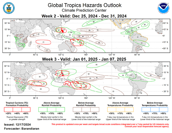 The precipitation outlook for weeks 2 and 3 is based on potential TC activity, the anticipated state of ENSO and the MJO, and informed by GEFS, CFS, Canadian, and ECMWF ensemble mean solutions. During week-2 above-normal temperatures are indicated for much of northern South America, and strongly favored for much of the CONUS and Mexico, as well as the Hawaiian Island. For hazardous weather conditions in your area during the coming two-week period, please refer to your local NWS office, the Medium Range Hazards Forecast produced by the Weather Prediction Center, and the CPC Week-2 Hazards Outlook. Forecasts made over Africa are made in coordination with the International Desk at CPC.