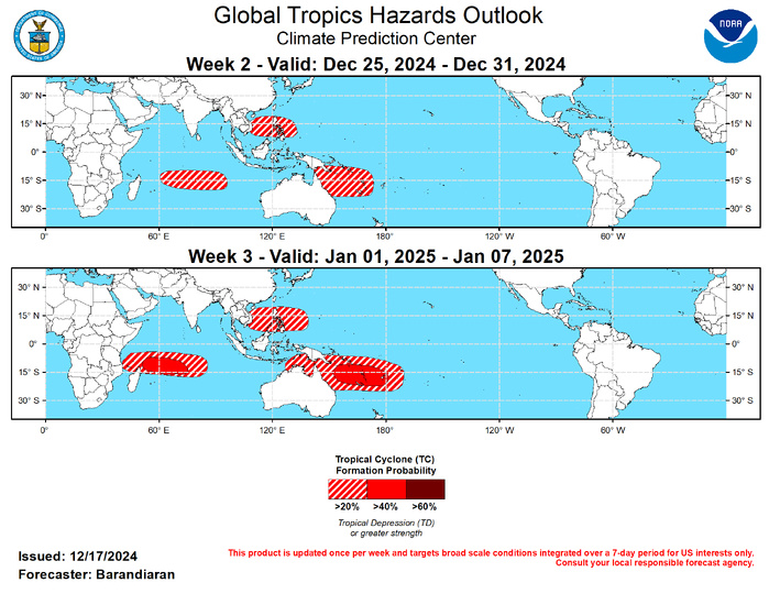 GTH Outlook Discussion Last Updated - 12/17/24 Valid - 12/25/24 - 01/07/25 The MJO has continued to be a significant player in the tropics. However, the emerging La Niña base state has been a growing source of interference with both the propagation and amplitude of the MJO. Dynamical model forecasts depict continued eastward propagation of the MJO signal with a slow phase. Extended range RMM-index solutions indicate the potential for a surge in the strength of the MJO during weeks 3&4 as it shifts into the Western Hemisphere and La Niña interference lessens. A continued eastward MJO propagation over the Pacific would favor a period of below-normal temperatures across the northeastern U.S. to start off the New Year, as well as a wet start for the West Coast.  During the last week a sub-tropical system formed off the southern coast of Brazil, and was named Bigua by the Brazilian navy. While its status as a tropical cyclone (TC) is somewhat ambiguous, systems of this kind are rare in the South Atlantic and thus is a noteworthy inclusion to the weekly summary of TC activity. Other than this system, there has been no TC activity over the last week, although the Joint Typhoon Warning Center (JTWC) is monitoring an area of disturbed weather designated 96W, just east of the Philippines for TC development, which is favored to occur in the very near future. Please refer to the JTWC for more information regarding potential TC 96W.  With the MJO forecast to be in phases 6-8 (Western Pacific/Western Hemisphere) during the forecast period, the northern coast of Australia and the South Pacific are favored to be active regions for TC activity during weeks 2-3. For both weeks the ECMWF and GEFS depict steadily increasing probabilities of TC genesis in these regions, with a slight risk (20% probability) of TC genesis off northeast coast of Australia and the South Pacific for both weeks, with a moderate risk (40%) posted for the South Pacific during week-3. A slight risk for TC genesis is also posted for the South China Sea portions of the Philippine Sea for both weeks due to favorable MJO positioning. Finally, a slight risk of TC genesis is posted for weeks 2&3 for the southwestern Indian Ocean with continued anomalous westerlies favored to persist through the forecast period. A moderate risk of TC genesis is posted for week-3 northeast of Madagascar, as the MJO moves into the Western Hemisphere, providing a more favorable environment for TC development over the region. MJO teleconnections generally favor wetter conditions for portions of the Pacific Northwest, and initially favor warm conditions over much of the Contiguous U.S. (CONUS). Extended RMM forecasts indicate that eastward propagation is favored to continue beyond week 3, colder conditions become favored over the Northeast U.S. as the MJO moves into phase 8.