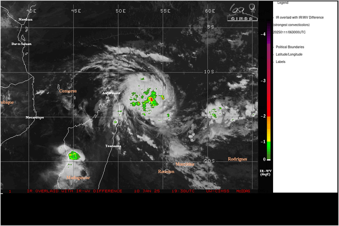 SATELLITE ANALYSIS, INITIAL POSITION AND INTENSITY DISCUSSION: ANIMATED MULTISPECTRAL SATELLITE IMAGERY (MSI) DEPICTS A DIMPLE-LIKE  FEATURE EMBEDDED WITHIN A DEEP CONVECTIVE MASS OBSCURING THE CENTER  OF THE TROPICAL CYCLONE (TC) 07S. THE DIMPLING FEATURE INDICATING A  FORMATIVE EYE HIGHLIGHTS THE INTENSIFICATION THAT HAS OCCURRED OVER  THE LAST 12 HOURS. AN 110213Z RCM-3 SYNTHETIC APERTURE RADAR (SAR)  PRODUCT REVEALS WIND SPEEDS IN THE SOUTHERN AND SOUTHWESTERN  PERIPHERY BETWEEN 75-77KTS. THE INITIAL POSITION IS PLACED WITH HIGH  CONFIDENCE BASED ON THE AFOREMENTIONED ANIMATED MSI. THE INITIAL  INTENSITY OF 75 KTS IS ASSESSED WITH HIGH CONFIDENCE BASED ON THE  AFOREMENTIONED SCATTEROMETRY.