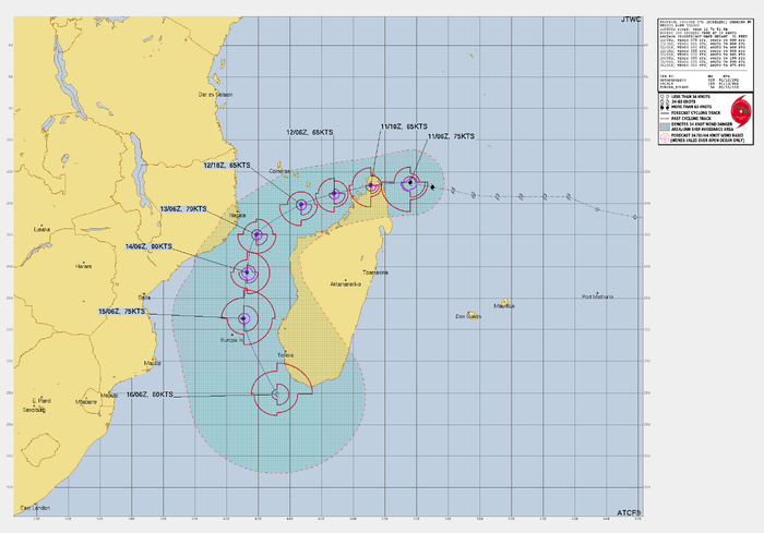 FORECAST REASONING.  SIGNIFICANT FORECAST CHANGES: THERE ARE NO SIGNIFICANT CHANGES TO THE FORECAST FROM THE PREVIOUS WARNING.  FORECAST DISCUSSION: TC 07S WILL CONTINUE TO TRACK WESTWARD PASSING OVER THE NORTHERN TIP OF MADAGASCAR OVER THE NEXT 12 HOURS. AFTER  PASSING BACK OVER WATER, THE SYSTEM WILL BEGIN TO ROUND THE CURVE OF  A STR CENTERED OVER SOUTHEASTERN MADAGASCAR, CAUSING THE SYSTEM TO  TRACK THROUGH THE MOZAMBIQUE CHANNEL. AT TAU 96 THE SYSTEM WILL TRACK  SOUTHEASTWARD WHILE REMAINING UNDER THE STEERING INFLUENCE OF THE  STR. THE SYSTEM WILL CONTINUE TO INTENSIFY UNTIL MAKING LANDFALL,  WHICH WILL DISRUPT INTENSIFICATION DUE TO HIGH SHEAR AND TOPOGRAPHIC  INTERACTION. HIGH SHEAR WILL CONTINUE TO HINDER INTENSIFICATION UNTIL  TAU 48, AND TC 07S WILL PEAK AT AN INTENSITY OF 80KTS BY TAU 80.  VERTICAL WIND SHEAR WILL INCREASE TO 20KTS ONCE AGAIN BY TAU 60, DUE  TO AN APPROACHING UPPER-LEVEL TROUGH APPROACHING FROM THE SOUTHWEST.  AS THE UPPER-LEVEL TROUGH CONTINUES EAST, THE SYSTEM WILL WEAKEN.  EXTRATROPICAL TRANSITION WILL COMMENCE BY THE END OF THE FORECAST  PERIOD.