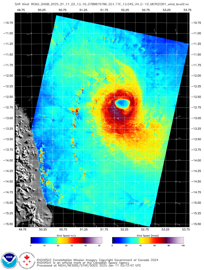 Platform: RCM-3 Acquisition Date: 2025-01-11 02:13:16 UTC Storm Name: SH072025 / DIKELEDI Storm ID: SH07 Storm Center Longitude: 53.296 Storm Center Latitude: -12.608 Incidence Angle (Degrees): 20.860 Quadrant 1 NE VMax (kts): N/A Quadrant 2 SE VMax (kts): 38.12 Quadrant 3 SW VMax (kts): 78.39 Quadrant 4 NW VMax (kts): 67.43 RMax (nmi): 33.00 - 76.00