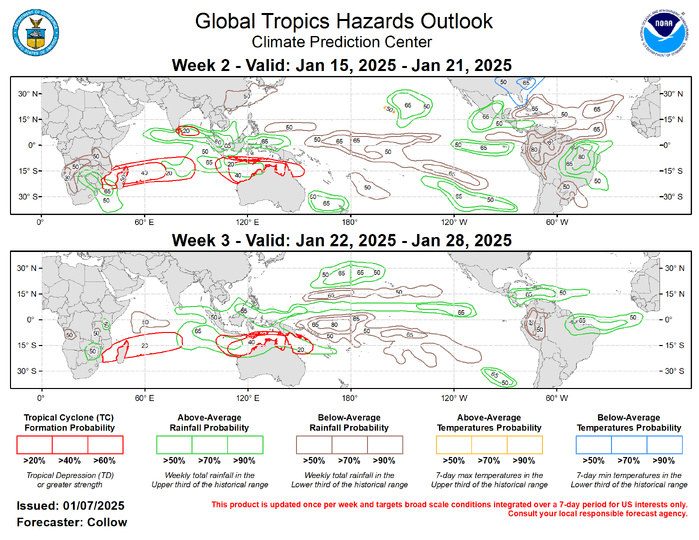 Above and below normal precipitation forecasts for weeks 2 and 3 are based on the anticipated continuation of low frequency variability (developing La Nina, -IOD), Indian Ocean MJO composites, anticipated TC tracks, and a skill weighted historical blend of CFSv2, GEFS, ECMWF ensemble forecast systems. The MJO propagation would favor moderation of temperatures across the eastern half of the contiguous U.S. (CONUS), although latest CPC outlooks (8-14 day and week 3-4) still favor below-normal temperatures over the central and eastern CONUS persisting through late January. However, it is plausible that a warmer pattern could begin to take shape by the end of the month based on lagged MJO composites .