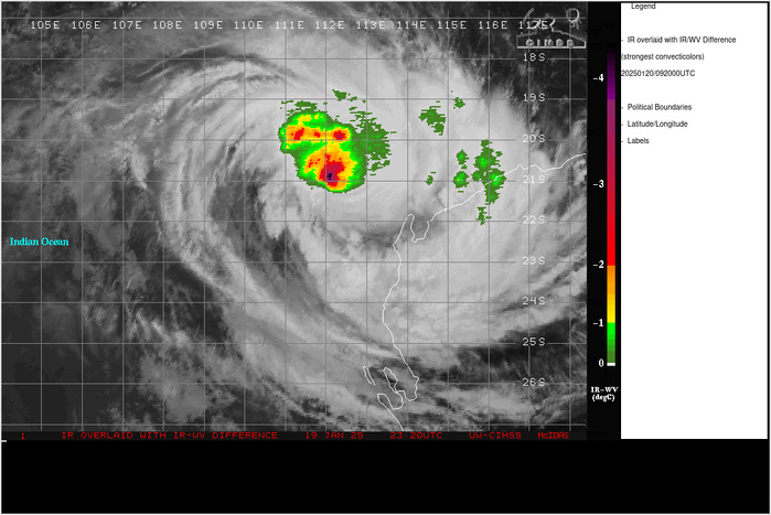 SATELLITE ANALYSIS, INITIAL POSITION AND INTENSITY DISCUSSION: ANIMATED ENHANCED INFRARED (EIR) SATELLITE IMAGERY SHOWS THE SYSTEM CONTINUED TO RAPIDLY INTENSIFY OVER THE LAST SIX HOURS AS  EVIDENCED BY A MORE COMPACT COLD CENTRAL COVER THAT HAS DEVELOPED A  SECONDARY EYEWALL AROUND ITS 10-NM PINHOLE EYE. THE INITIAL POSITION IS PLACED WITH HIGH CONFIDENCE BASED ON THE PINHOLE EYE THAT LINED UP PERFECTLY WITH THE DEFINED LOW LEVEL CIRCULATION IN THE COMPOSITE RADAR LOOP FROM THE ABOM LEARMONTH RADAR SITE. THE INITIAL INTENSITY OF 110KTS IS ALSO ASSESSED WITH HIGH CONFIDENCE BASED ON THE  HIGH END OF AGENCY DVORAK AND AUTOMATED INTENSITY ESTIMATES TO REFLECT  THE SIGNIFICANT IMPROVEMENT IN THE 6-HR EIR CONVECTIVE SIGNATURE.  ANALYSIS INDICATES A HIGHLY FAVORABLE ENVIRONMENT WITH STRONG RADIAL  OUTFLOW AND LOW VWS SLIGHTLY OFFSET BY COOLING SST.