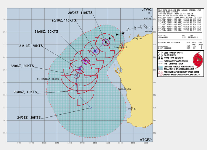 FORECAST REASONING.  SIGNIFICANT FORECAST CHANGES: THERE ARE NO SIGNIFICANT CHANGES TO THE FORECAST FROM THE PREVIOUS WARNING.  FORECAST DISCUSSION: TC SEAN WILL CONTINUE TO TRACK SOUTHWESTWARD THEN SOUTHWARD AROUND THE NORTHWESTERN THEN WESTERN PERIPHERY OF THE STEERING STR. THE FAVORABLE ENVIRONMENT WILL AT BEST MAINTAIN THE CURRENT INTENSITY UP TO TAU 12. AFTERWARD, A GRADUAL EROSION IS EXPECTED TO OCCUR WITH AN EYEWALL REPLACEMENT CYCLE EXPECTED TO COMMENCE. THIS, PLUS THE CONTINUED COOLING SST, INCREASING VWS AND, EVENTUALLY, DRY AIR INTRUSION WILL LEAD TO DISSIPATION BY TAU 96.