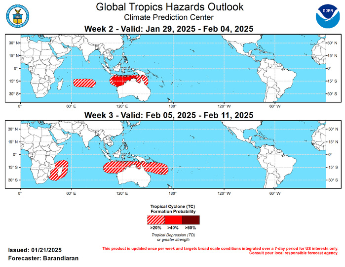 GTH Outlook Discussion Last Updated - 01/21/25 Valid - 01/29/25 - 02/11/25 After becoming incoherent during early January, RMM observations showed the MJO signal sharply regaining amplitude over the Western Hemisphere (phase 1) and then quickly propagating into the Indian Ocean. As the MJO moves from the Indian Ocean into the Maritime Continent, constructive interference with the emerging La Nina base state would tend to amplify the MJO. However, dynamical model RMM forecasts indicate a weakening of the MJO signal precisely when that interference should occur. The large-scale environment is expected to bring increased chances for tropical cyclone (TC) development in the Indian Ocean particularly near the northwest coast of Australia, while TC activity tends to be suppressed over the South Pacific. An eastward propagating Indian Ocean and Maritime Continent MJO historically favors a warm response over the central and eastern CONUS, which would be a welcome change to the frigid conditions currently being experienced over much of the Lower 48.  One TC formed during the last week. On January 18 TC Sean formed northeast of Port Hedland on the northwest coast of Australia and intensified quickly, reaching Category 3-hurricane strength on the Saffir-Simpson scale. TC Sean has since weakened, and has generally moved Southwestward, following the western coast of Australia. In the coming days Sean is forecast to continue to weaken as it moves south, well away from the Australian coast. For the latest information on TC Sean please refer to the Joint Typhoon Warning Center (JTWC).  With the MJO forecast to be in phases 4-5 (Maritime Continent) during the forecast period, the northern coast of Australia is favored to be the most active region for TC activity during weeks 2-3. During the week-2 period both the ECMWF and GEFS depict the highest probability of TC genesis northwest of Australia, warranting a moderate risk (40-60% probability) during week-2. As the MJO continues propagating eastward, enhanced probabilities of TC genesis spread eastward to the northeast coast of Australia by week-3, although only a slight risk (20-40% probability) is posted across the Australian coast. A slight risk of TC genesis is also posted for portions of the southern Indian Ocean throughout the forecast period, with the best chances of TC genesis shifting westward from the south-central Indian Ocean during week-2 to the Madagascar region during week-3.