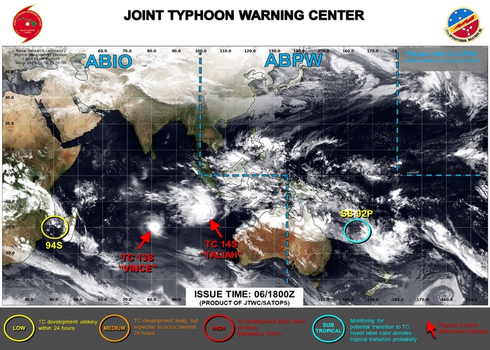 12 HOURLY WARNINGS ARE ISSUED ON TC 13S AND TC 14S. 3 HOURLY SATELLITE BULLETINS ARE ISSUED ON BOTH SYSTEMS AND ON INVEST 92P AND SUPTROPICAL 15P.