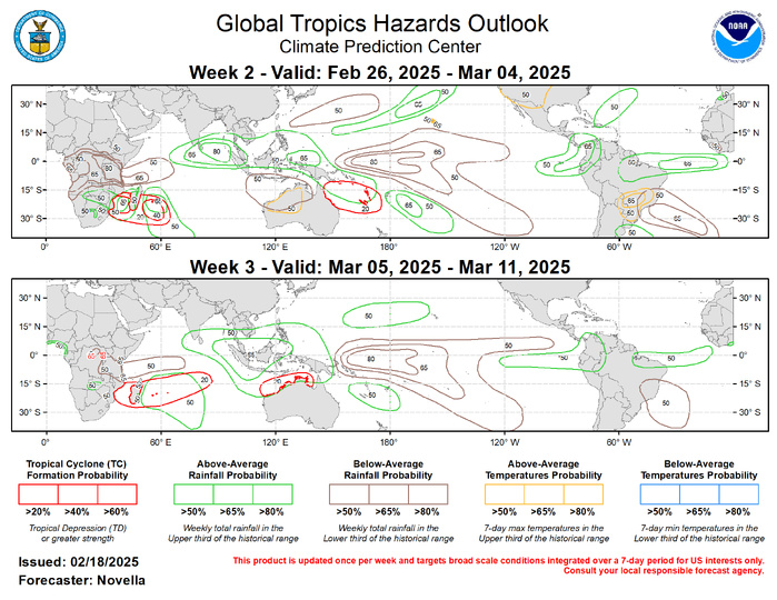 Forecasts for enhanced and suppressed precipitation are based on the continued La Nina response, historical MJO composites for phases 1-3 during Jan-Mar, anticipated TC tracks, and a skill weighted consolidation of GEFS, CFSv2, ECWMF ensemble forecast systems. Following an outbreak of Arctic air mainly east of the North American Rockies during week-1, a fairly swift moderation of temperatures are expected, with above-normal conditions favored for much of the western and central CONUS for week-2. South of the equator, above-normal temperatures are expected to accompany the dryness forecast for much of northwestern Australia, with increased chances for daytime temperatures exceeding 105 deg F during week-2. Above-normal temperatures are also favored for portions of east-central South America.