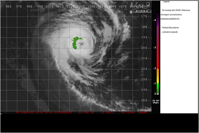 SATELLITE ANALYSIS, INITIAL POSITION AND INTENSITY DISCUSSION: ANIMATED ENHANCED INFRARED (EIR) SATELLITE IMAGERY DEPICTS TROPICAL CYCLONE 20S (BIANCA) WITH A 24 NM SLIGHTLY RAGGED EYE AND A MUCH MORE SYMMETRIC CENTRAL DENSE OVERCAST SURROUNDING THE EYEWALL. ENVIRONMENTAL ANALYSIS INDICATES THAT 20S IS IN A FAVORABLE ENVIRONMENT CHARACTERIZED BY STRONG POLEWARD OUTFLOW ALOFT, LOW (5-10 KTS) VERTICAL WIND SHEAR, AND WARM (26-27 C) SEA SURFACE TEMPERATURES. THE INITIAL POSITION IS PLACED WITH HIGH CONFIDENCE BASED ON THE EYE IN ANIMATED EIR SATELLITE IMAGERY. THE INITIAL INTENSITY OF 95 KTS IS ASSESSED WITH MEDIUM CONFIDENCE BASED ON THE AGENCY DVORAK AND OBJECTIVE INTENSITY ESTIMATES LISTED BELOW.