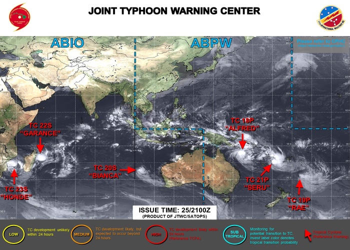 JTWC IS ISSUING 12 HOURLY WARNINGS ON AL TROPICAL CYCLONES ON THE MAP ALONG WITH 3 HOURLY SATELLITE BULETINS.