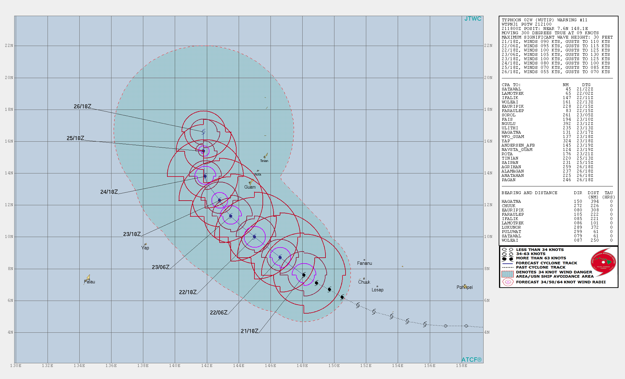 21UTC: typhoon Wutip(02W) Category 2 US, intensifying and approaching Guam area