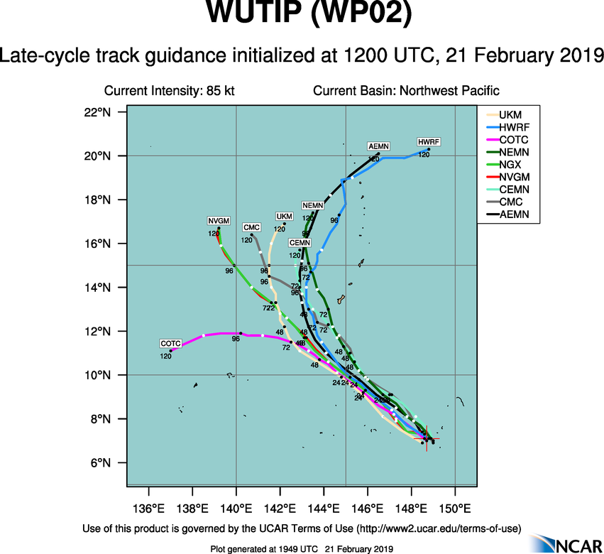 21UTC: typhoon Wutip(02W) Category 2 US, intensifying and approaching Guam area