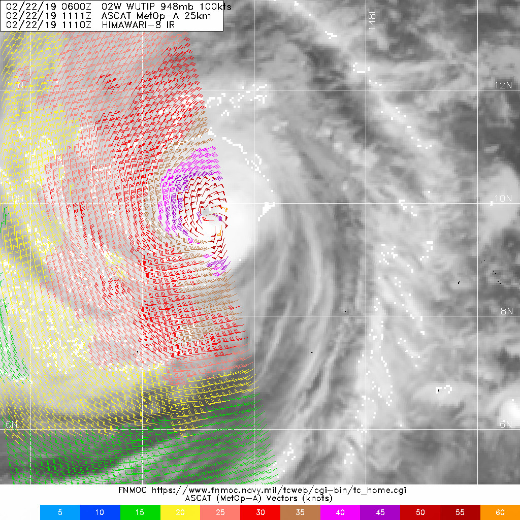 15UTC: typhoon Wutip(02W) Category 3 US near peak intensity, forecast CPA to Guam: 250km in apprx 24h.