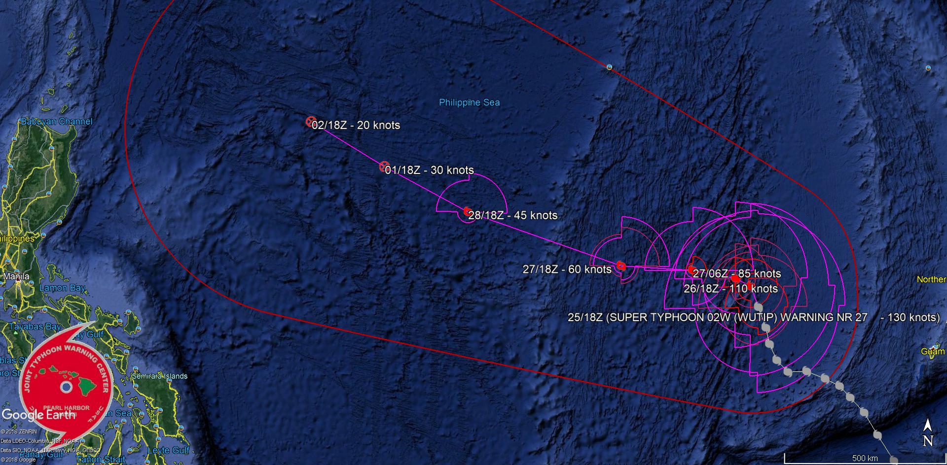 21UTC: Super Typhoon WUTIP(02W) ,Category 4 US, slow-moving and forecast to weaken rapidly after 24hours, no threat to land