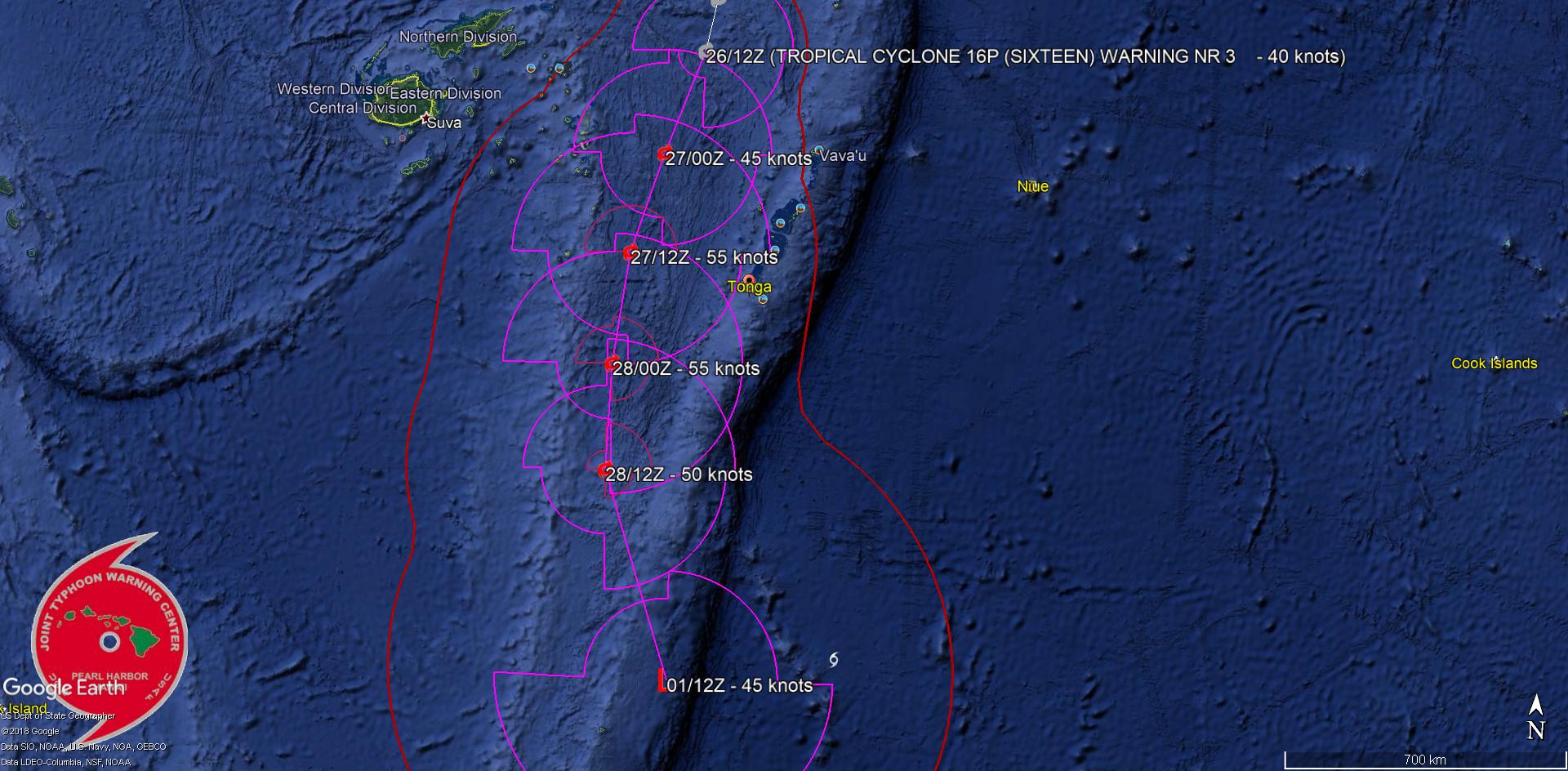 15UTC: South Pacific: Cyclone 16P, intensifying and forecast to track west of Nuku 'alofa  shortly after 24hours