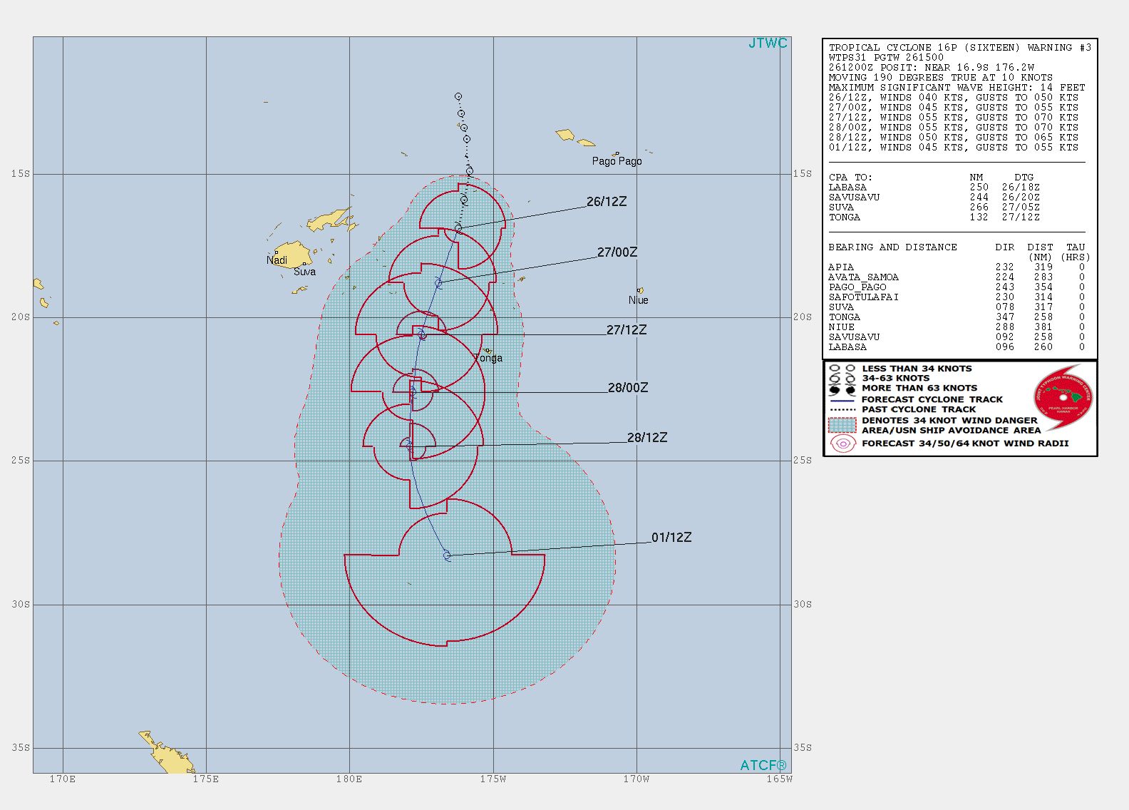 15UTC: South Pacific: Cyclone 16P, intensifying and forecast to track west of Nuku 'alofa  shortly after 24hours