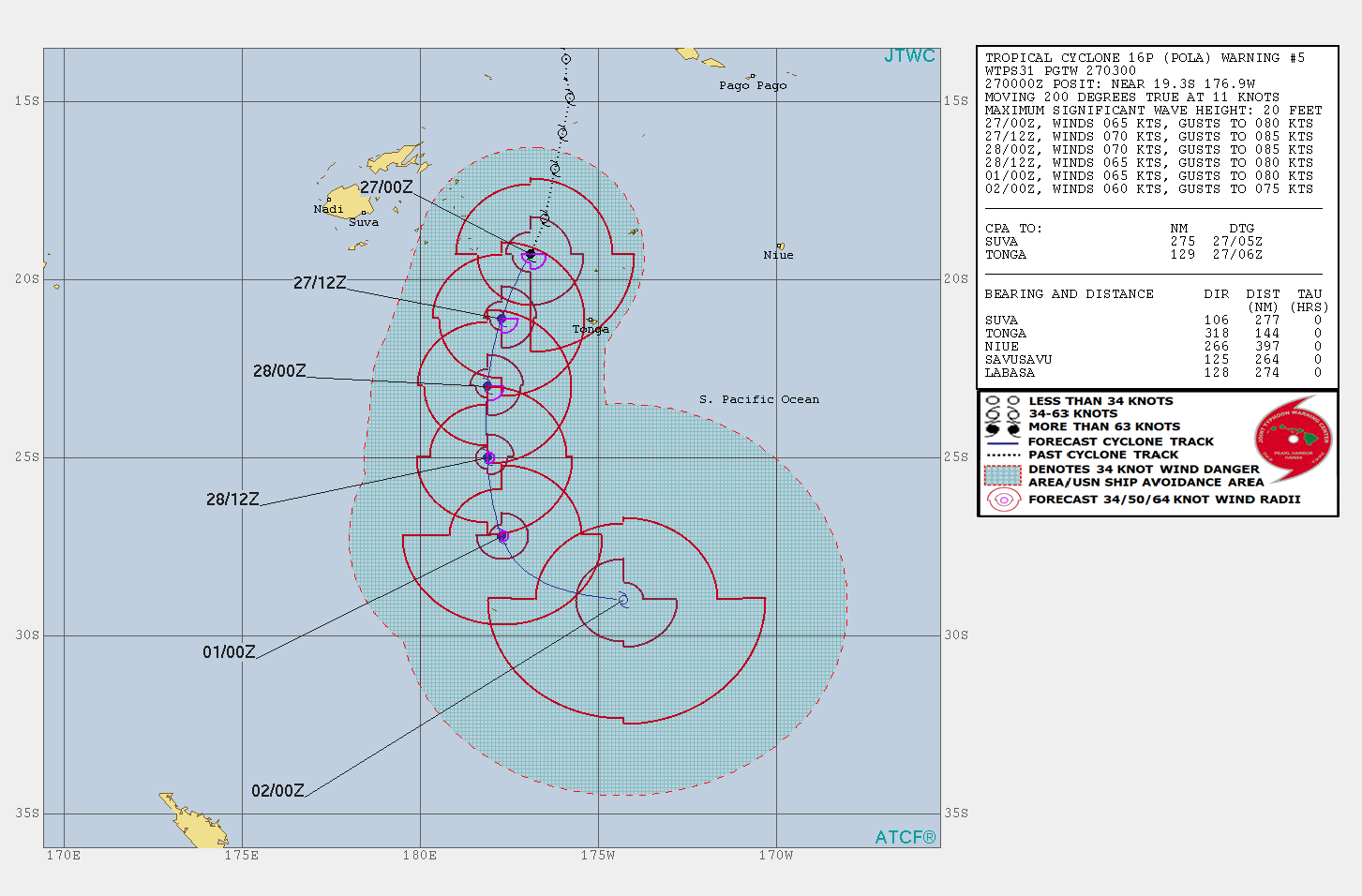 03UTC: Cyclone POLA(16P): Category 1 US , peaking within 24hours and tracking to the west of Nuku 'alofa