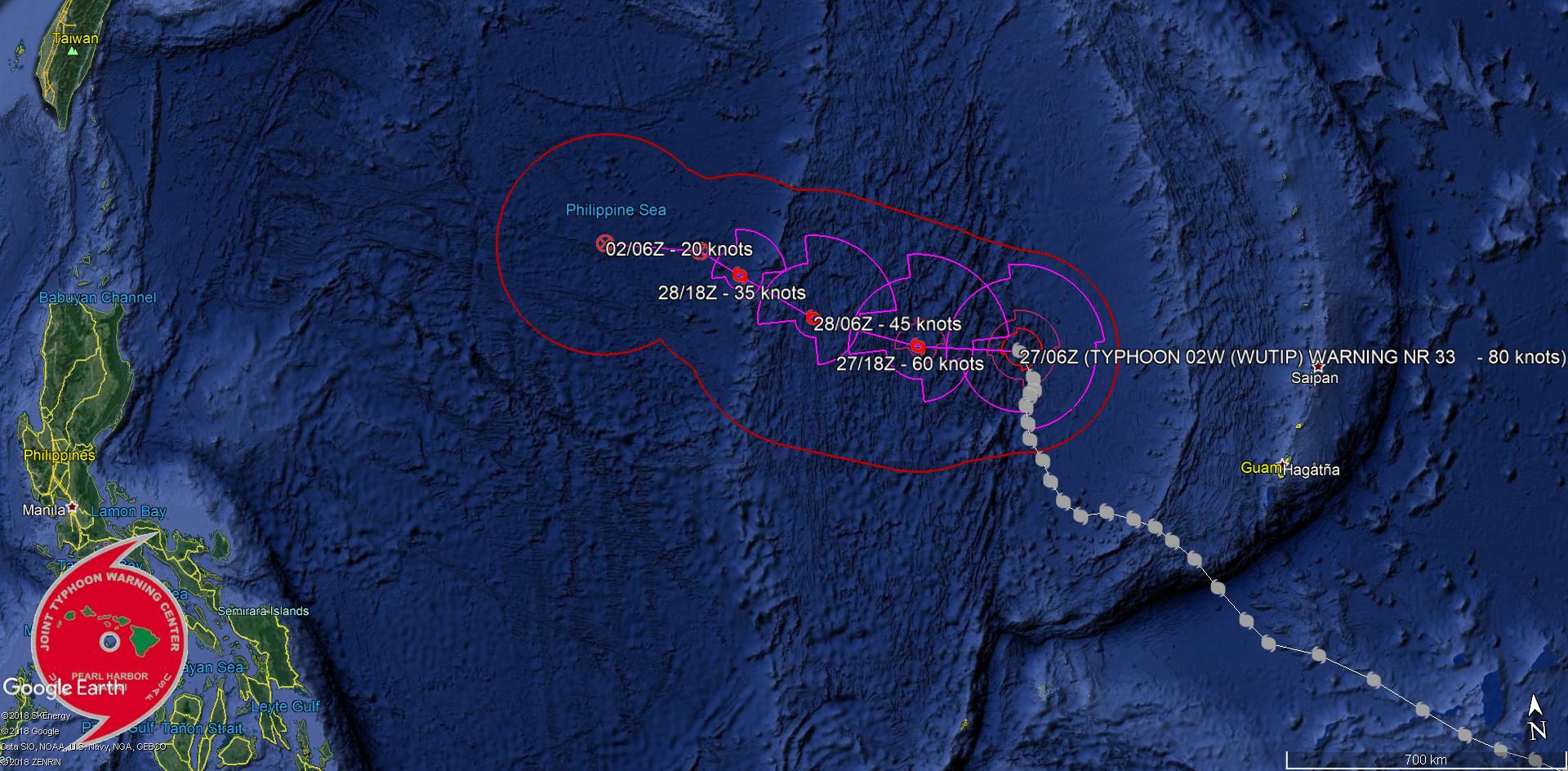 09UTC: Typhoon WUTIP(02W) category 1 US, weakening rapidly and forecast to fall below 35knots in 48hours