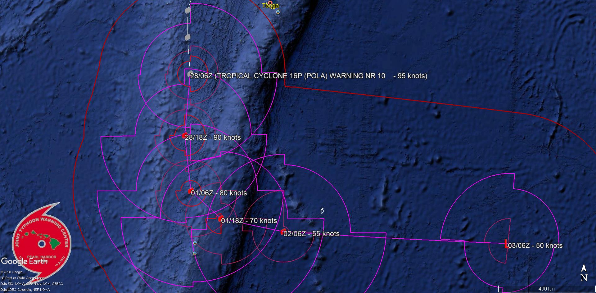 09UTC: Cyclone POLA(16P) category 2 US, peaking with top gusts over 200km/h