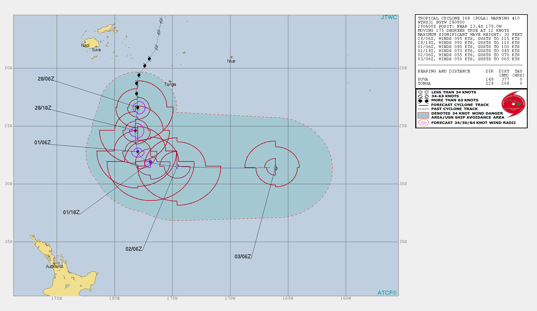 09UTC: Cyclone POLA(16P) category 2 US, peaking with top gusts over 200km/h