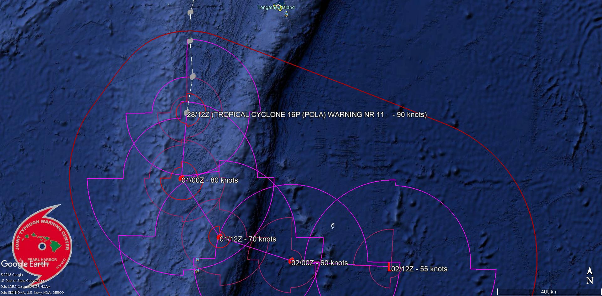 15UTC: Cyclone POLA(16P) Category 2 US, weakening steadily and being extratropical in 48hours