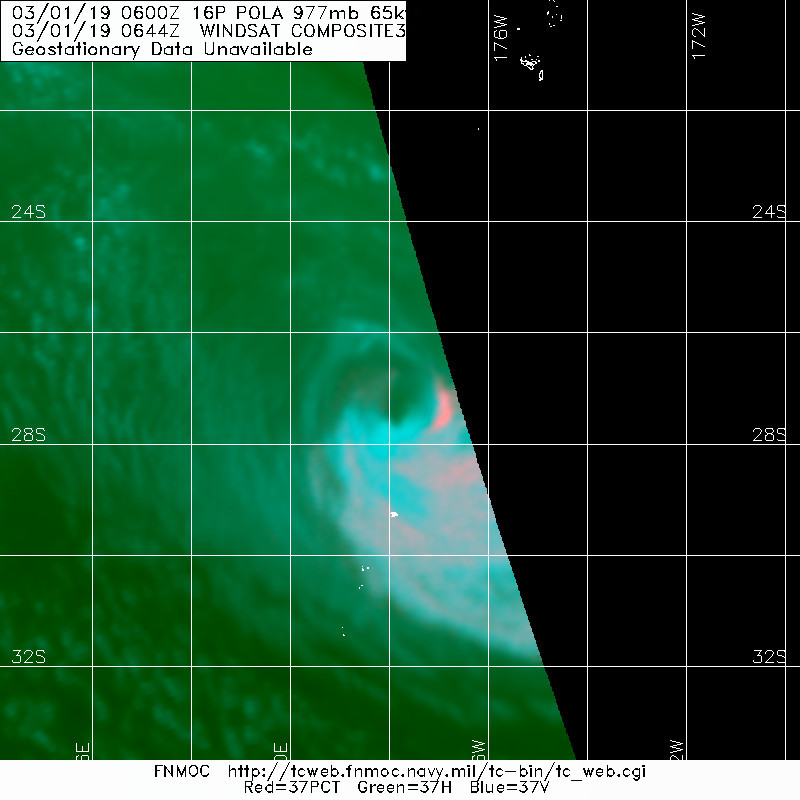 09UTC: Cyclone POLA(16P) category 1 US, weakening and becoming extratropical