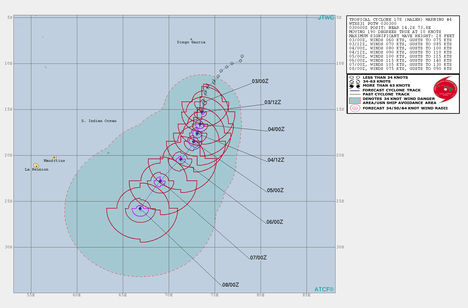 03UTC: TC HALEH(17S): slow moving and intensifying, possible peak at category 4 US in 72hours