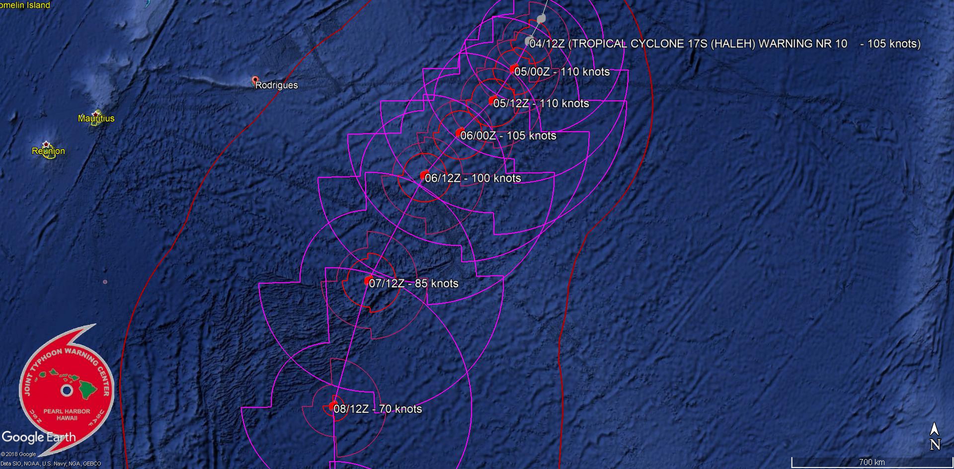 15UTC: TC HALEH(17S) category 3 US, intensity expected to peak within 24hours, no threat to land