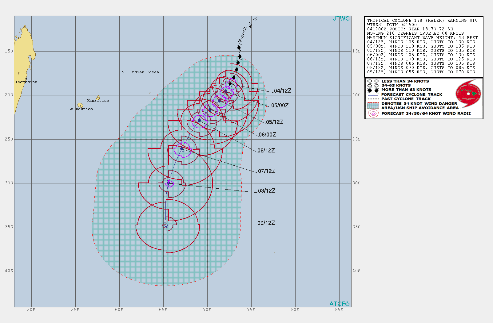 15UTC: TC HALEH(17S) category 3 US, intensity expected to peak within 24hours, no threat to land