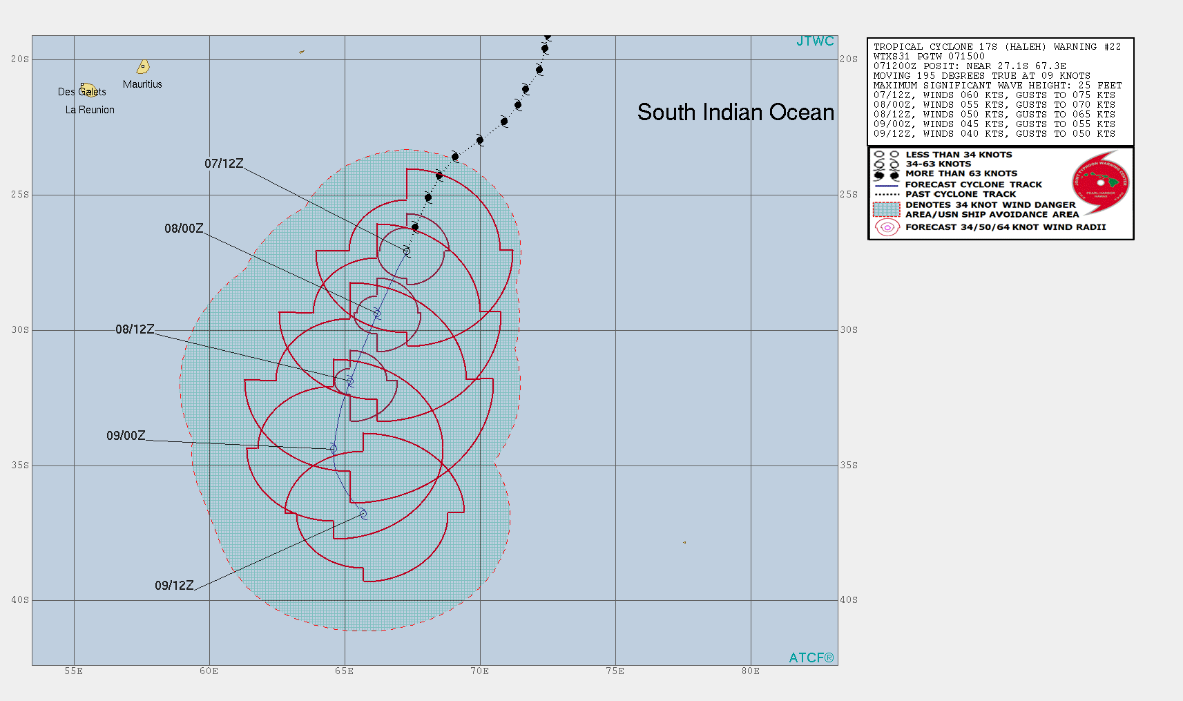 15UTC: Cyclone HALEH(17S) weakening and forecast to be a cold-core mid latitude low in 48hours