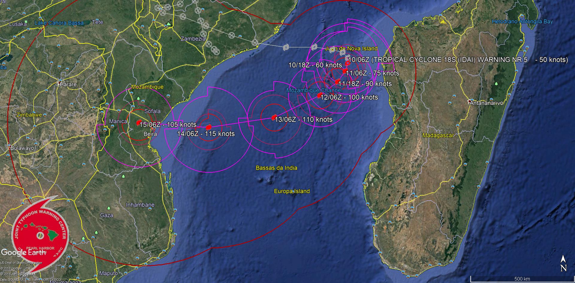 09UTC: TC IDAI(18S) intensifying rapidly west of Madagascar and could pose a major threat to Beira/Mozambique in 4 days