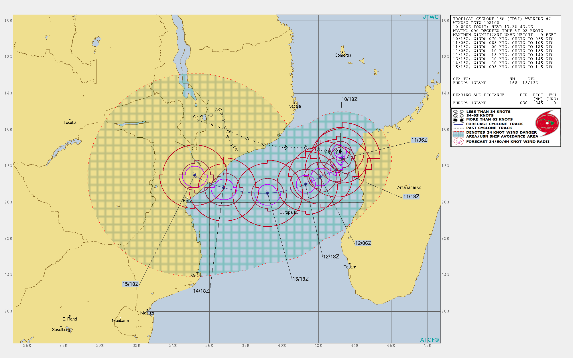 21UTC: Cyclone IDAI(18S) category 1 US, forecast to be a powerful category 4 US in 2 days and bear down on Beira in 4 days