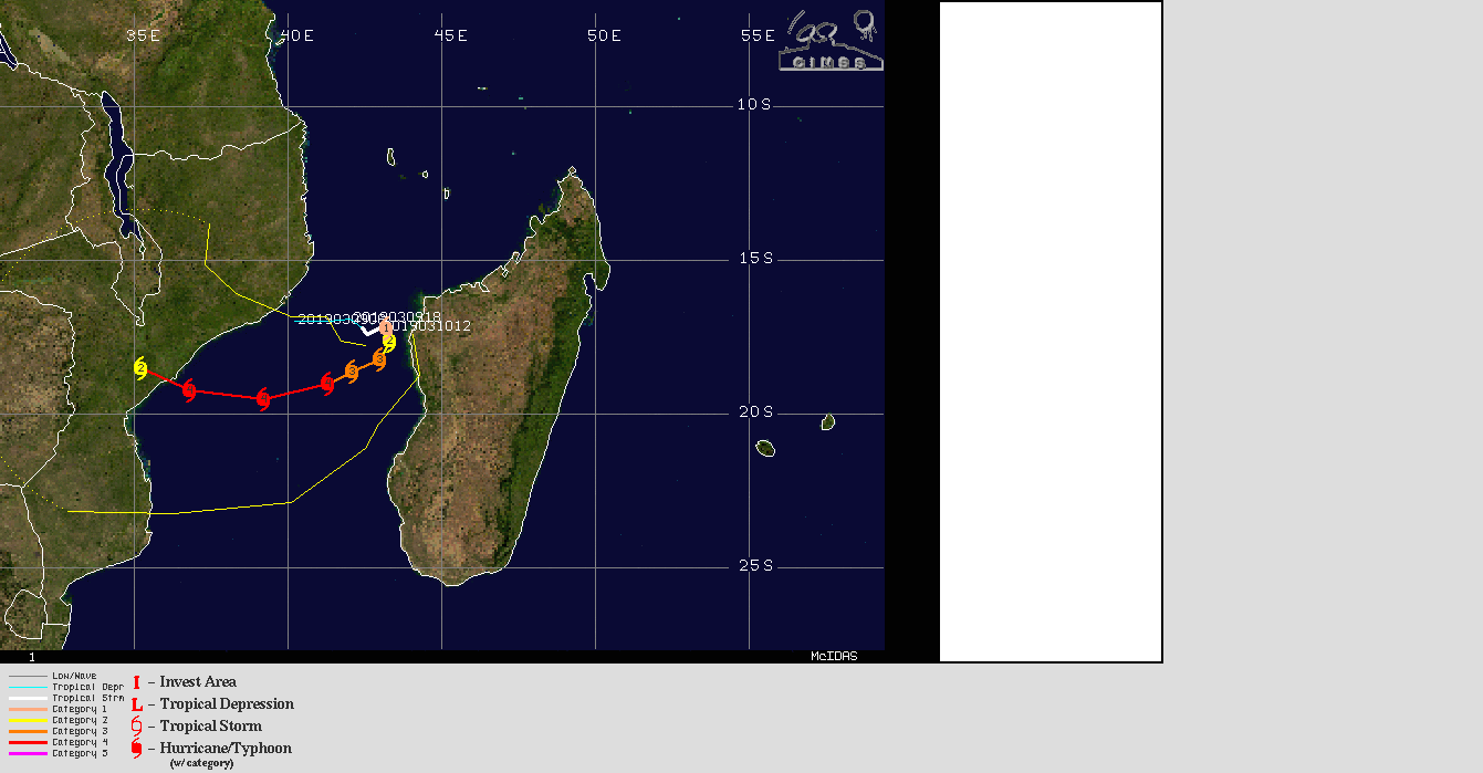 21UTC: Cyclone IDAI(18S) category 1 US, forecast to be a powerful category 4 US in 2 days and bear down on Beira in 4 days