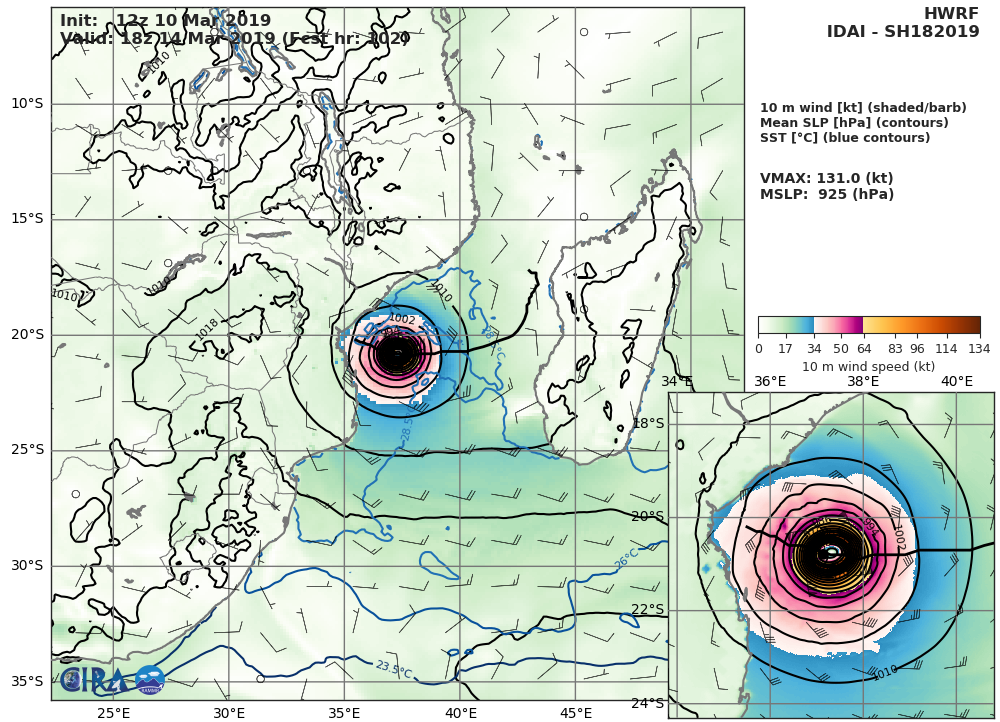 21UTC: Cyclone IDAI(18S) category 1 US, forecast to be a powerful category 4 US in 2 days and bear down on Beira in 4 days