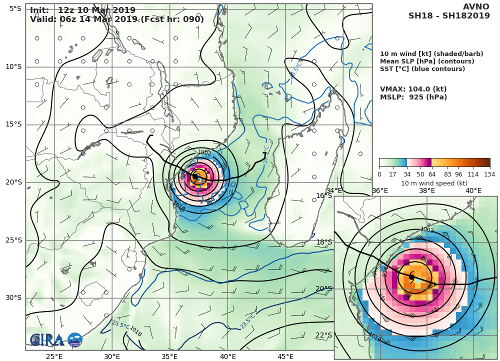 21UTC: Cyclone IDAI(18S) category 1 US, forecast to be a powerful category 4 US in 2 days and bear down on Beira in 4 days