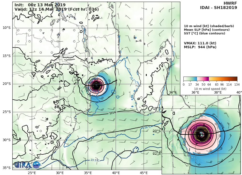 09UTC: Cyclone IDAI(18S) category 2 US, 490km to Beira, slowly approaching, set to make landfall close to Beira in 36hours