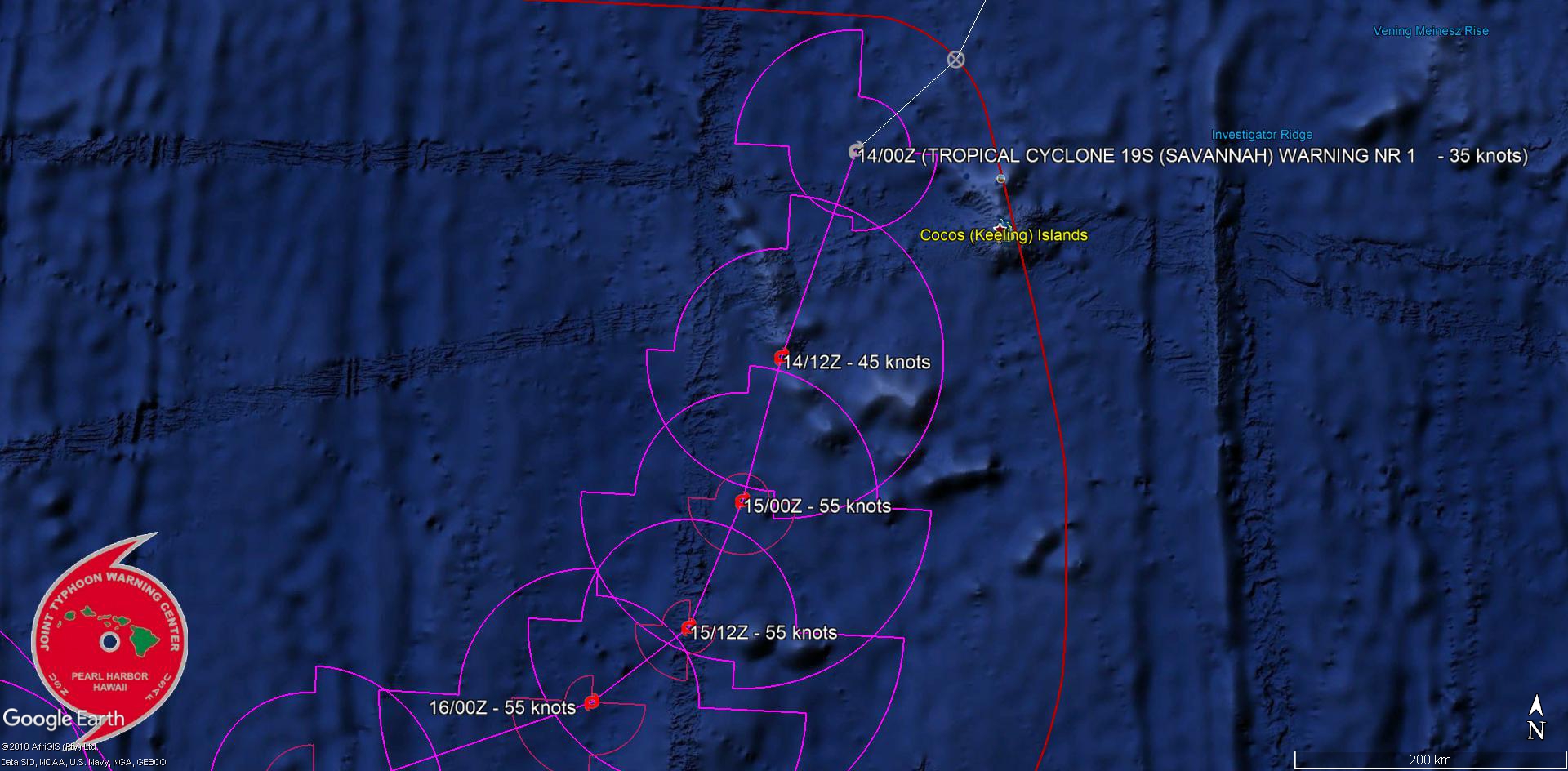 SAVANNAH(19S) tracking approx 110km to the Cocos islands.